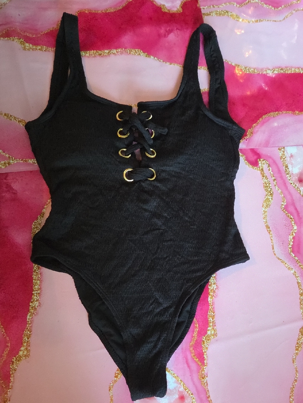 Black Lace-Up Women One-Piece Swimsuit